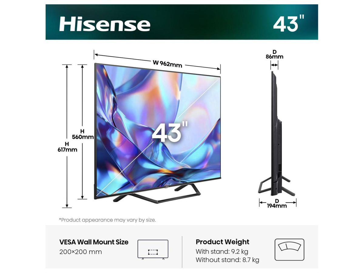 Hisense TV 43A7DS 43", QLED 4K, 60Hz, 300 Nits