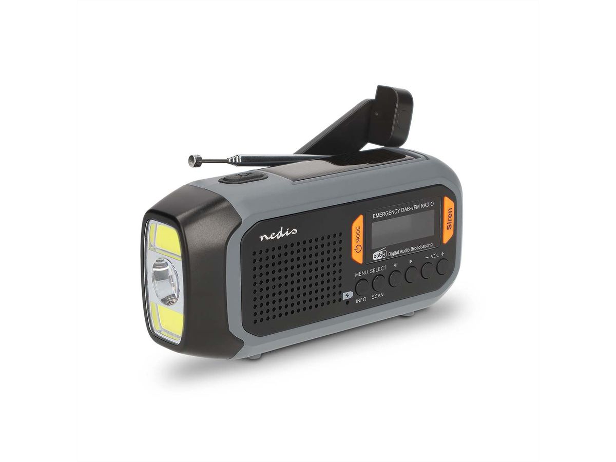 Nedis Notfallradio DAB FM mit Handkurbel Solarpanel und Powerbank, Tragbares Notfallradio fuer Notfaelle, Camping und Outdoor Anwendungen