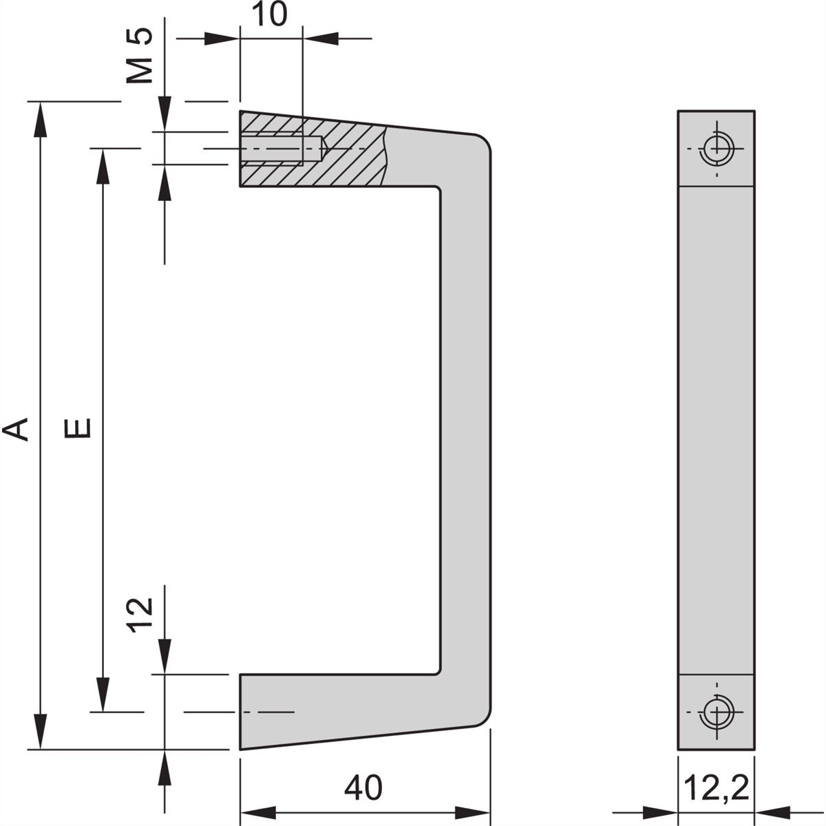 Poignée avant monobloc SCHROFF, largeur 12,2 mm, noir anodisé, 249 mm