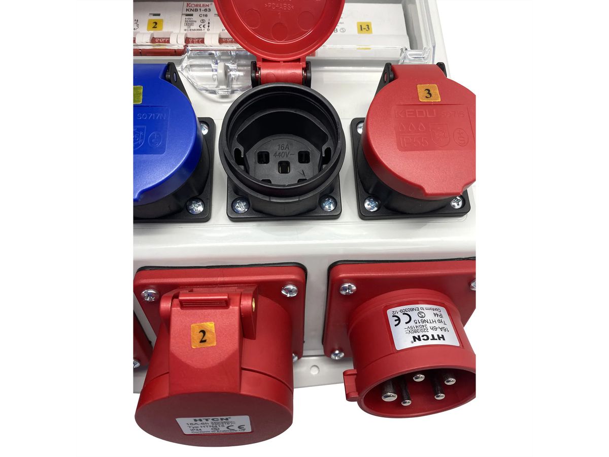 Stromverteiler 16A IP44/IP55 + FI Input, 1x CEE16/5 Output: 2xCEE16/5 2xT23 2xT25, grau