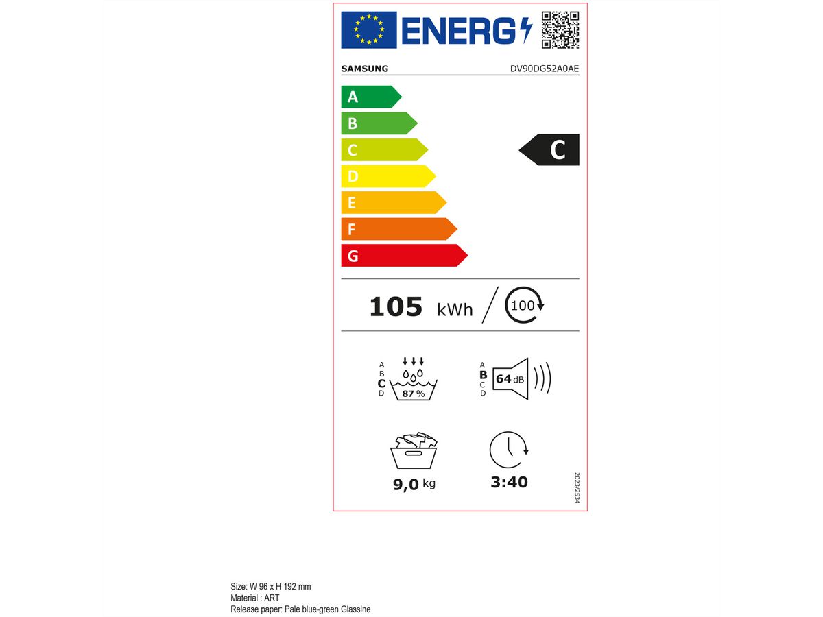 Samsung Sèche-linge DV5000, 9kg, C, Optimal DryTM, blanc