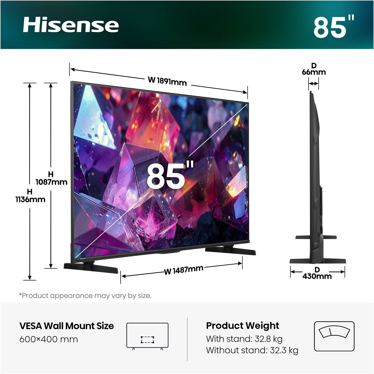 Hisense TV 85E7S PRO 85", QLED 4K, 144Hz, 400 Nits