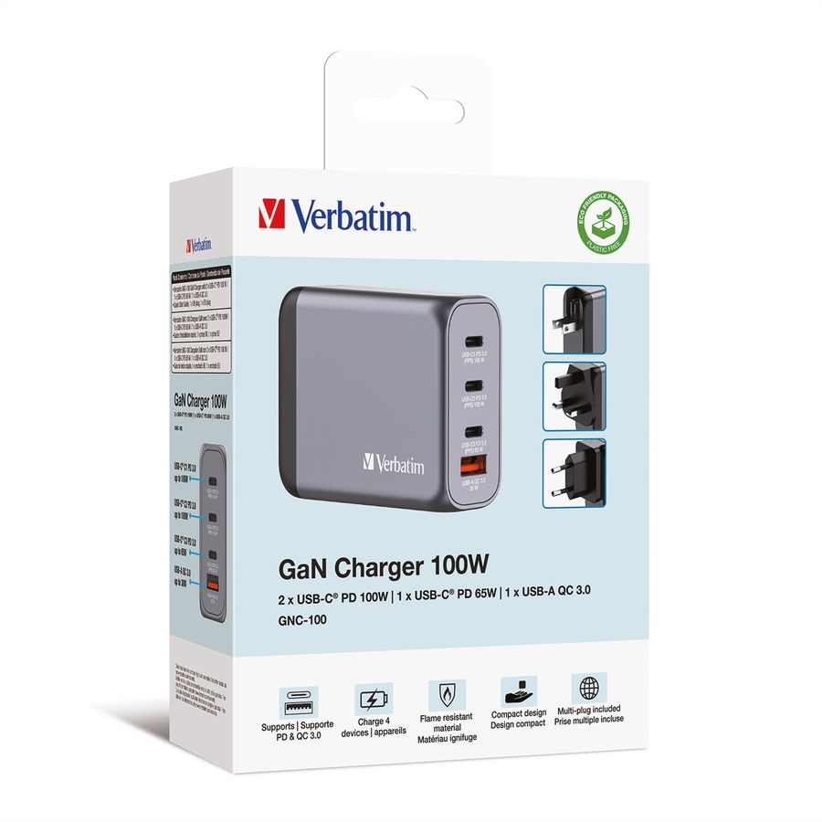 Verbatim GaN 4 Port Charger 100W, 3x USB-C, 1x USB-A, EU+UK Adapter