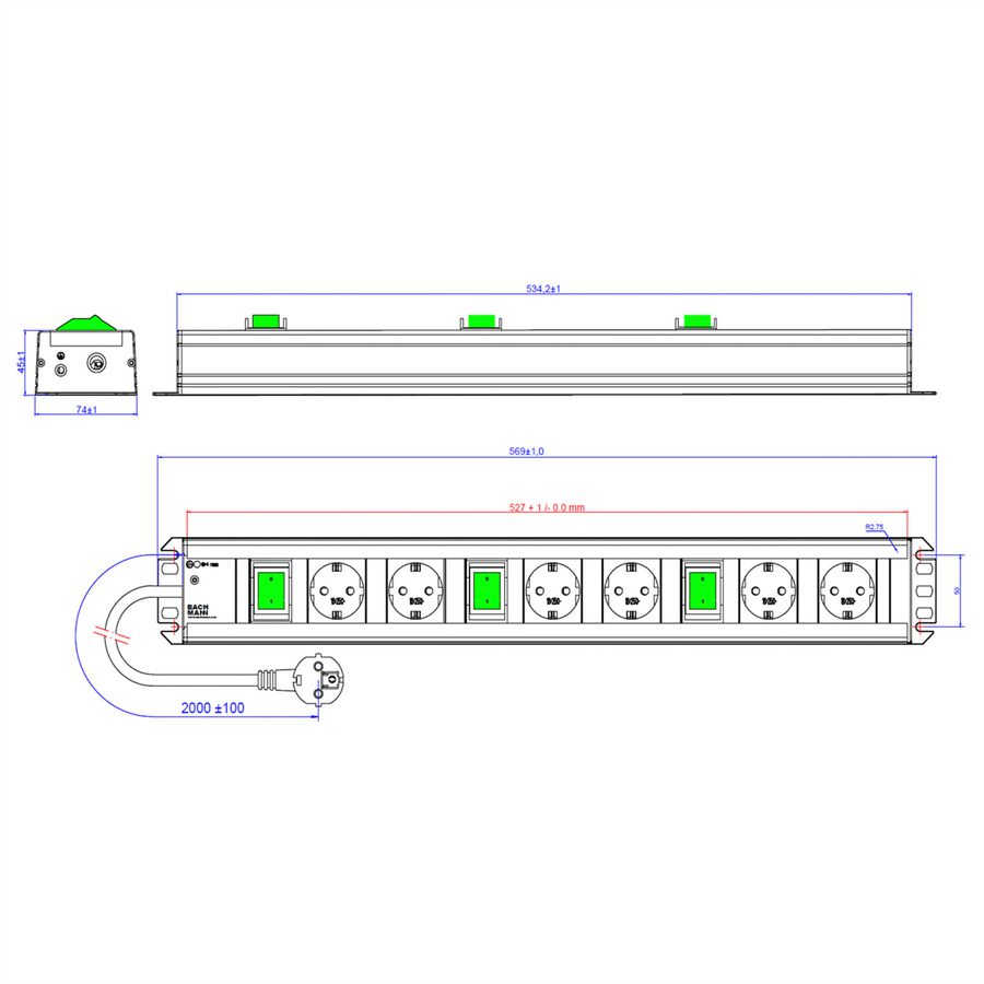 BACHMANN Multiprise 6x contact de protection 3x interrupteur, 2 m