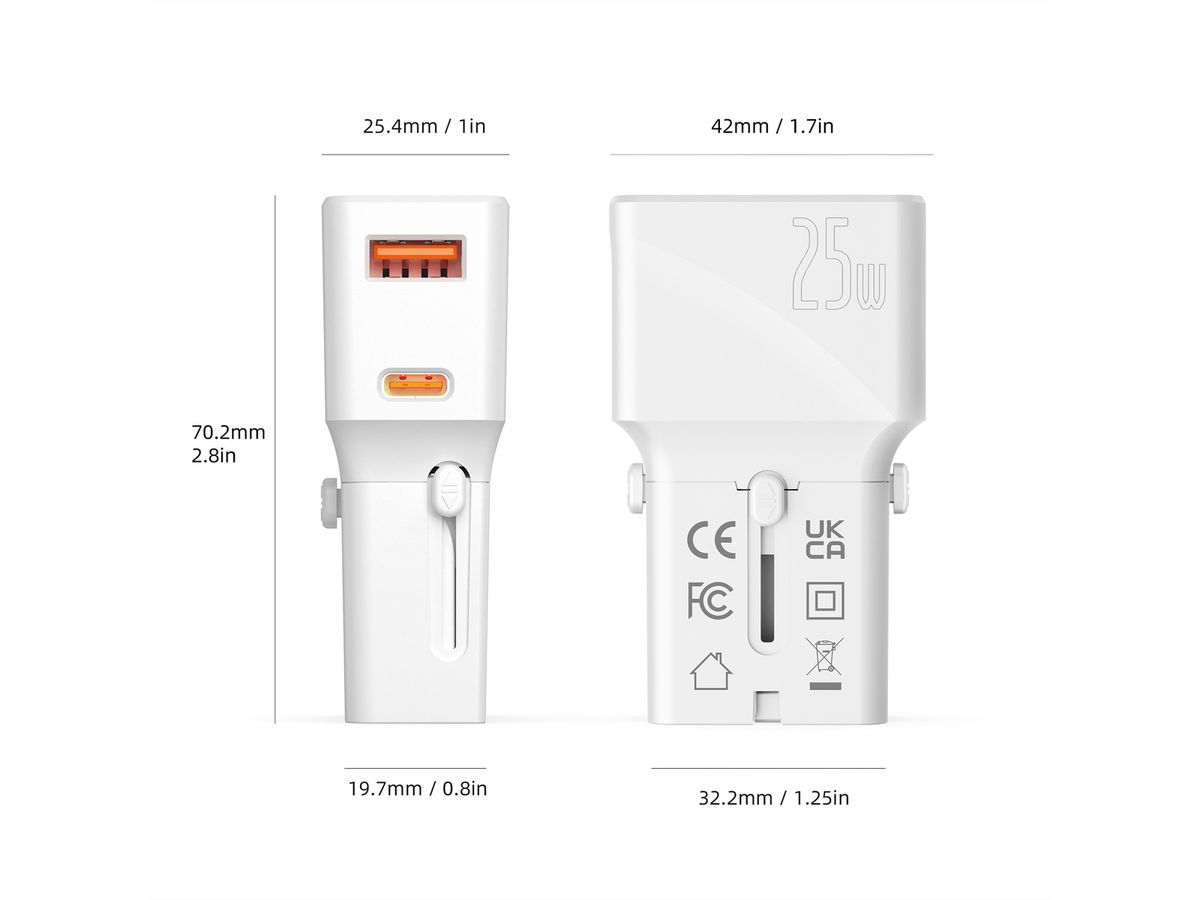 VALUE Chargeur de voyage USB avec prise UK/US/Euro, 2 ports, 1x QC3.0 A + 1x C (PD), 25W