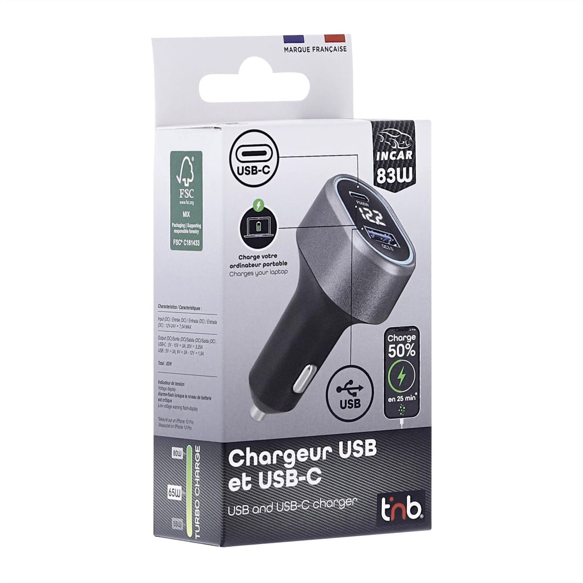 T'nB 1 USB-A QC and 1 USB-C PD, car charger 83W - Schwarz