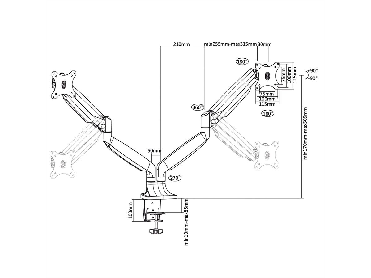VALUE LCD-Doppelarm, Tischmontage, Gasfeder, 6 Gelenke, bis 32 Zoll, bis 2x 9 kg