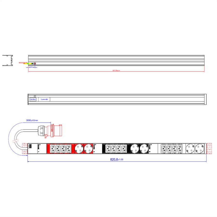 BACHMANN IT PDU ALU 0UH 12x C13 6x contact de protection 3x 16A CEE rouge