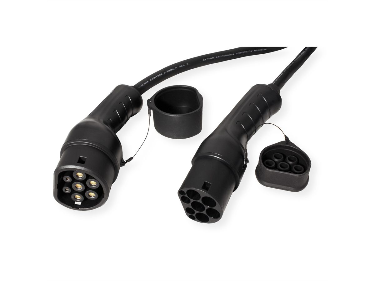 ROLINE E-Auto Ladekabel Typ2, 3-phasig, 480VAC (3P+N+E), 16 A, 11 kW, Spiralkabel (max. 3m)