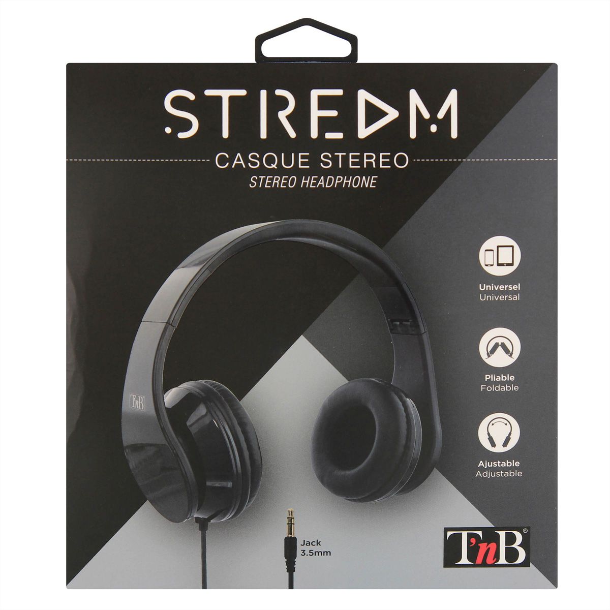 T'nB STREAM Kopfhörer, mit Kabel, schwarz, faltbar, 20-20000 HZ, 3.5mm Jack