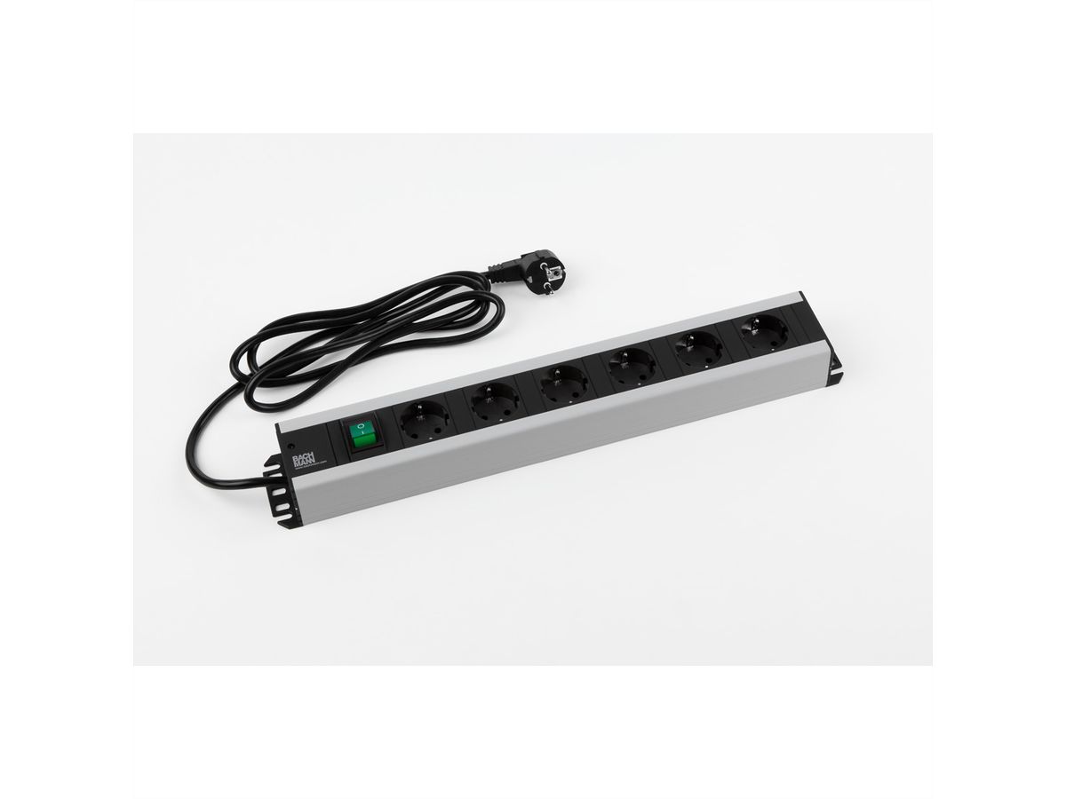 BACHMANN Multiprise 6x contact de protection, interrupteur, compatible rack 19 pouces, Chargeur USB 60W 1xABD GST18, 2 m