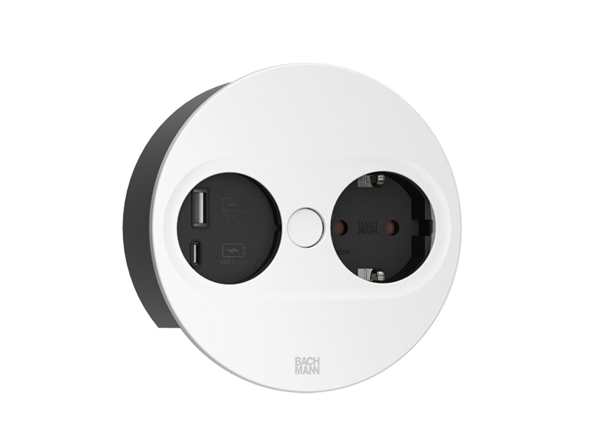 BACHMANN TWIST 2 1xCEE7/3 1xUSB A/C 22W 2,0m AEH RAL9010 30GE rond, Contact de protection GST18 mâle