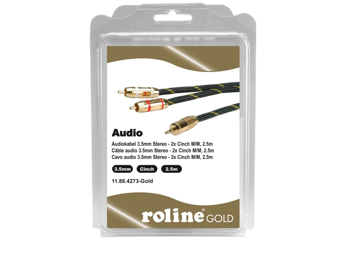 ROLINE GOLD Audio-Verbindungskabel 3,5mm Stereo - 2x Cinch, ST/ST, Retail Blister, 2,5 m