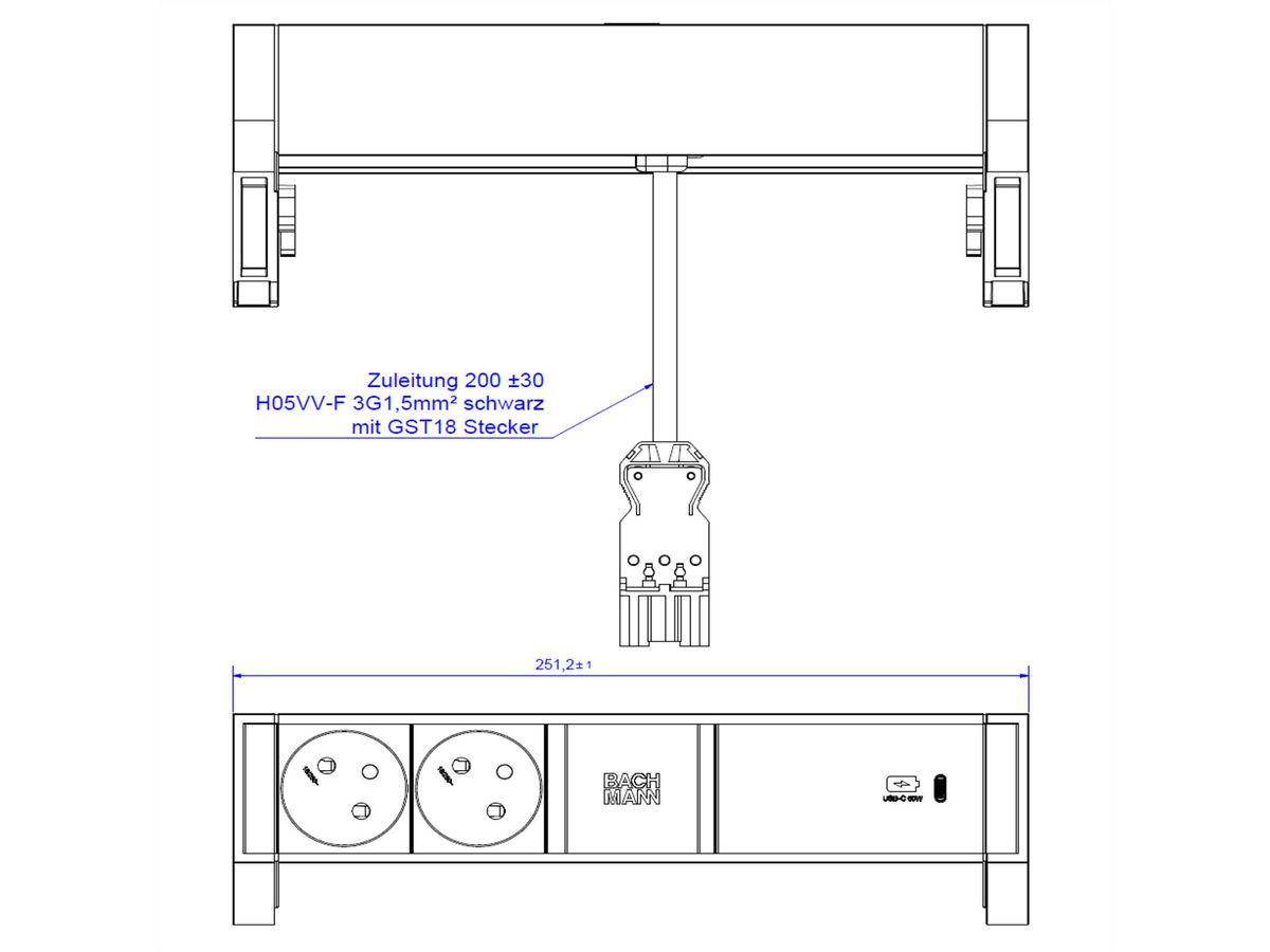 BACHMANN DESK2 2xUTE 1xUSB C 60W 0,2m GST18 RAL9010