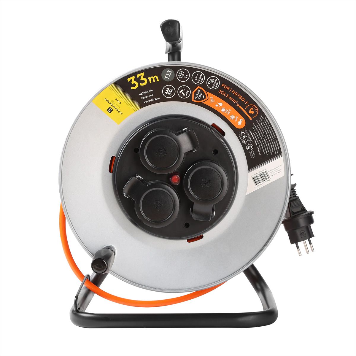 Enrouleur de câble métallique 3xT13 , EPR-PUR H07BQ-F 3G1.5mm2,33m,IK09 , orange