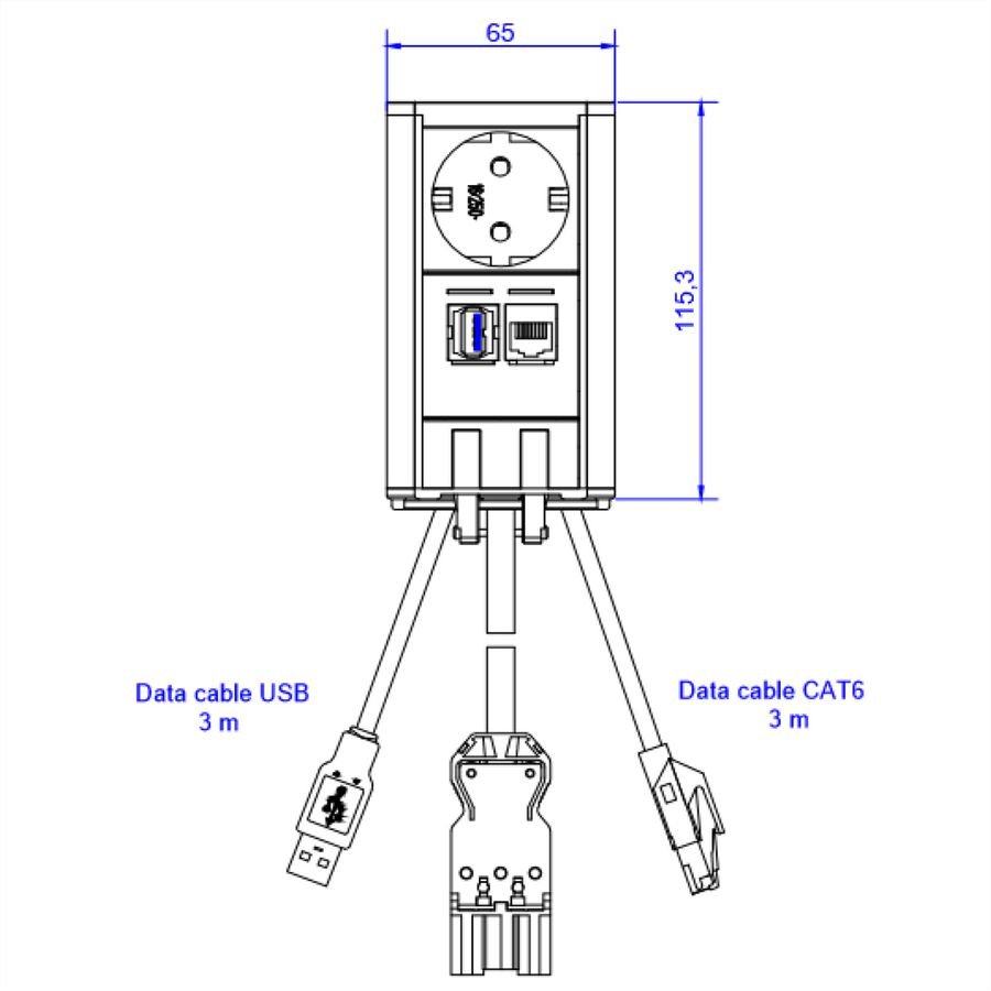 BACHMANN ELEVATOR 1x Schutzkontakt, 1x CAT6, 1x USB 3.0, silberfarben