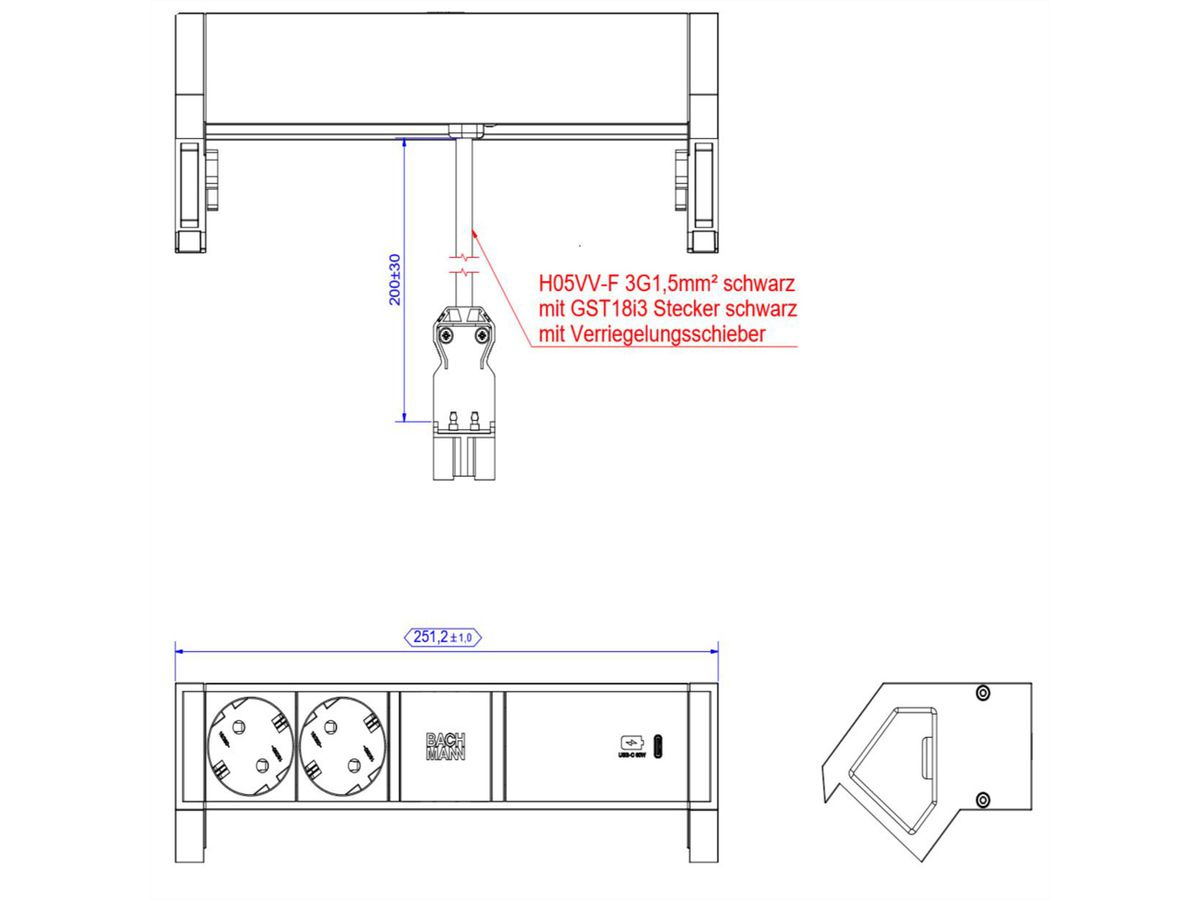 BACHMANN DESK2 ALU BLACK 2x contact de protection USBC