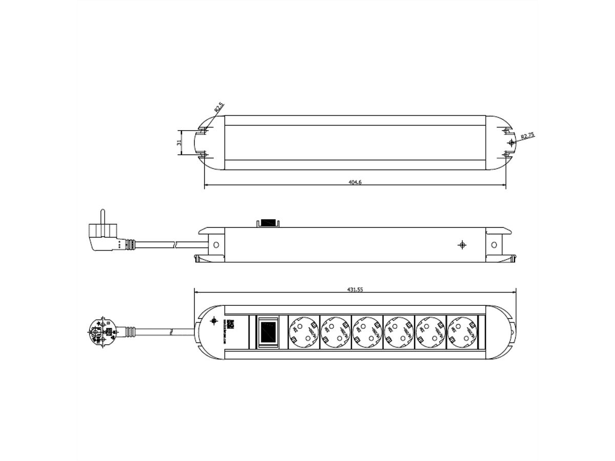 BACHMANN PRIMO Bâti de prises 6x contact de protection, aluminium, avec interrupteur, 1,75 m
