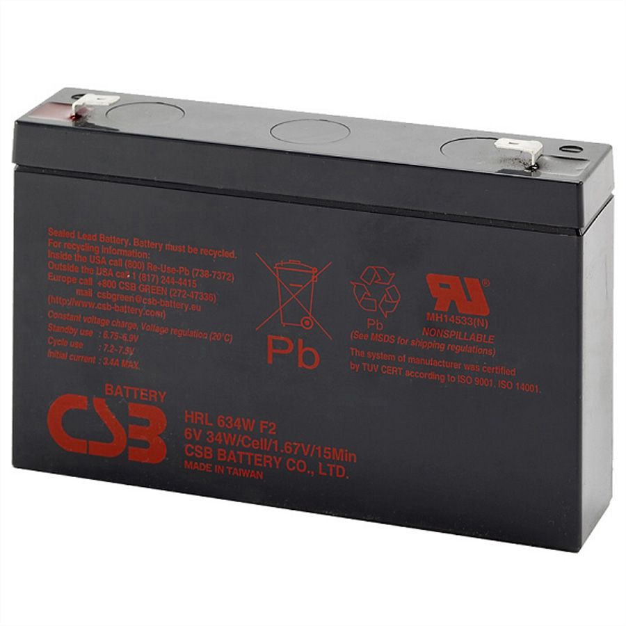 CSB 6VDC 9Ah Verschlossener, wartungsfreier Bleiakkumulator, Anschlüsse Faston 250 6.3mm links / rechts, Ideal für USV Anlagen