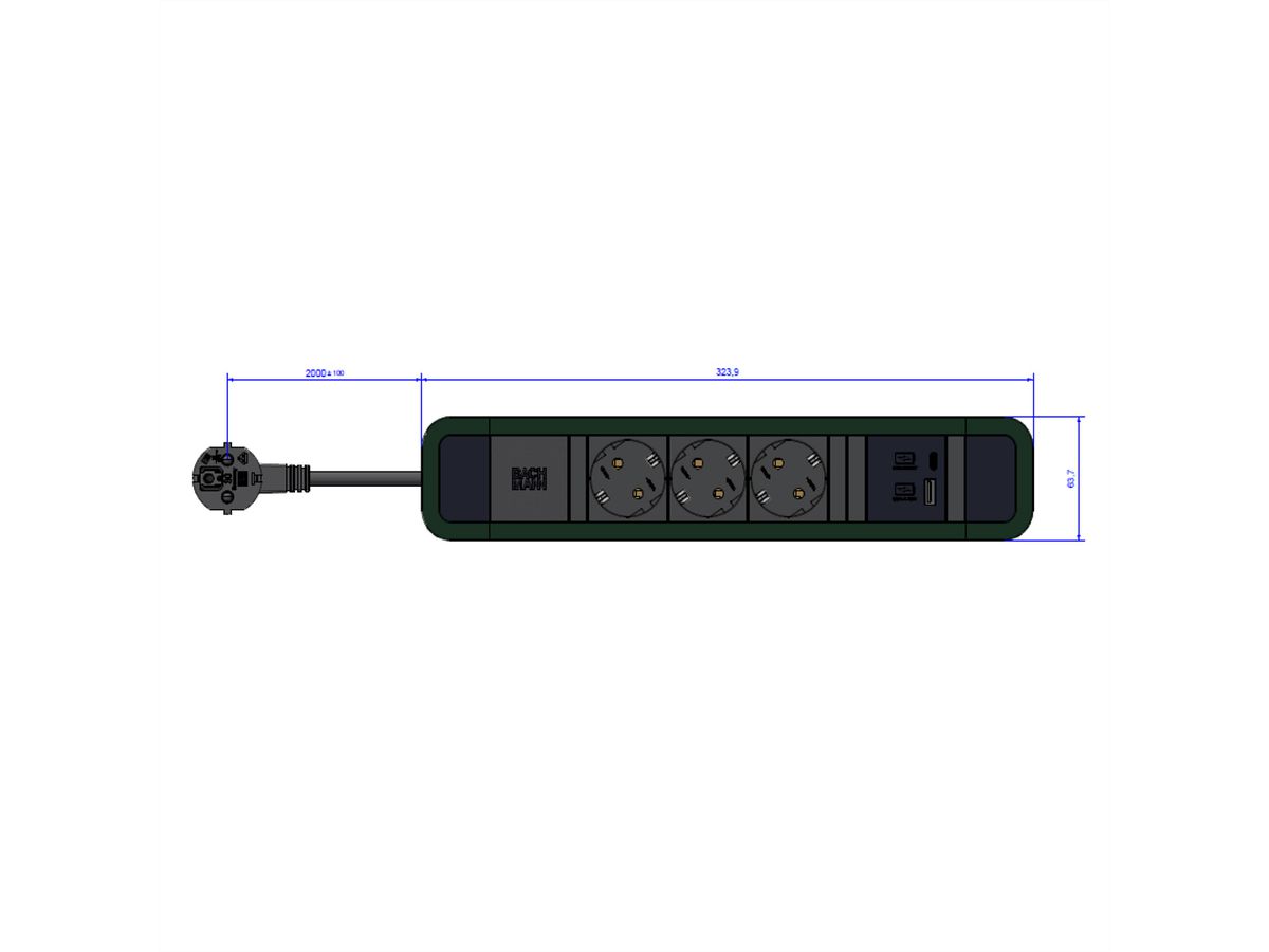BACHMANN PRIMO 2 3xCEE7/3 1xUSB A/C 22W 2,0m CEE7/7 RAL6028