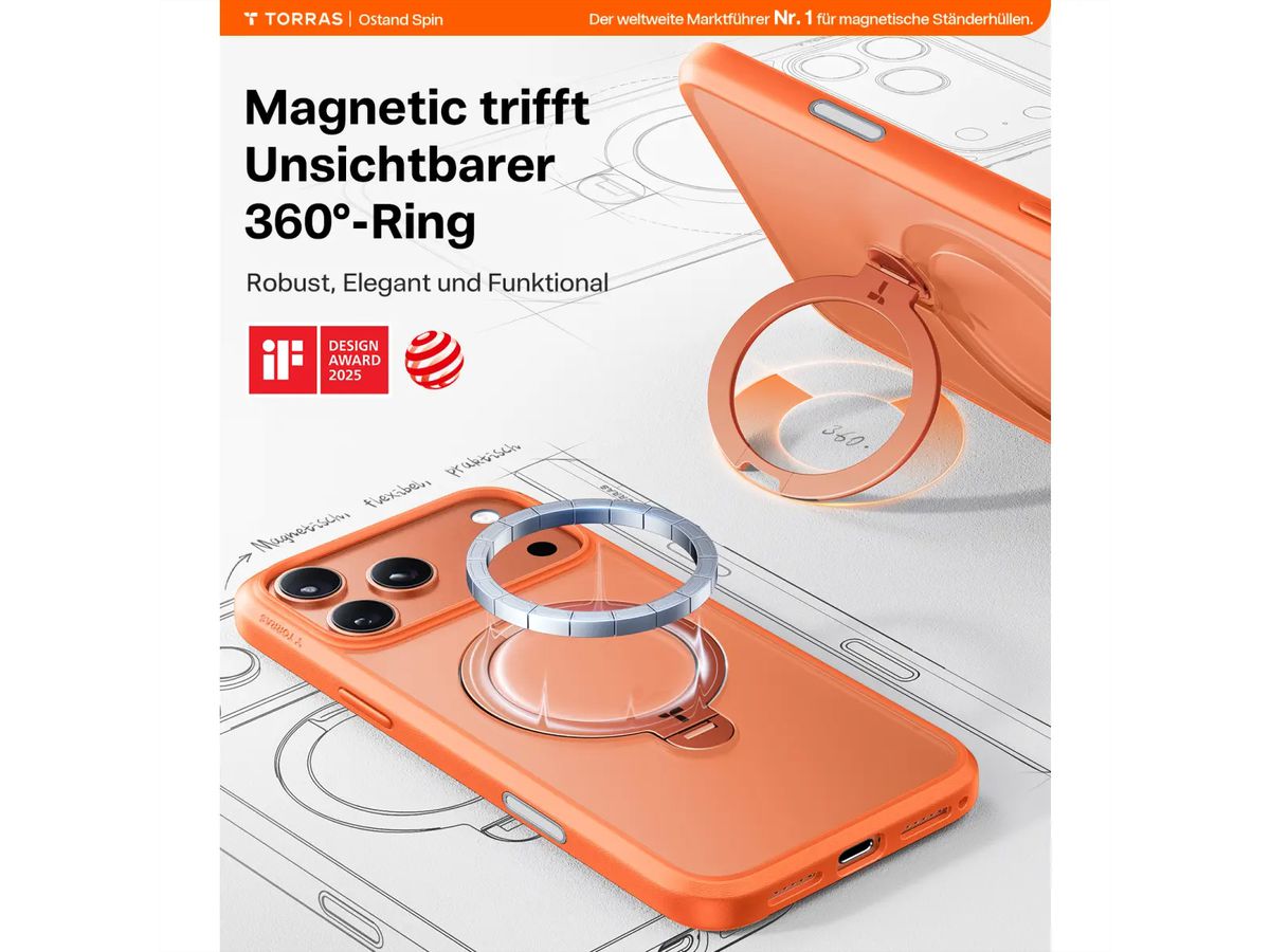 Torras UPRO Ostand Spin Case, iPhone 17 Pro Max, MagSafe, orange