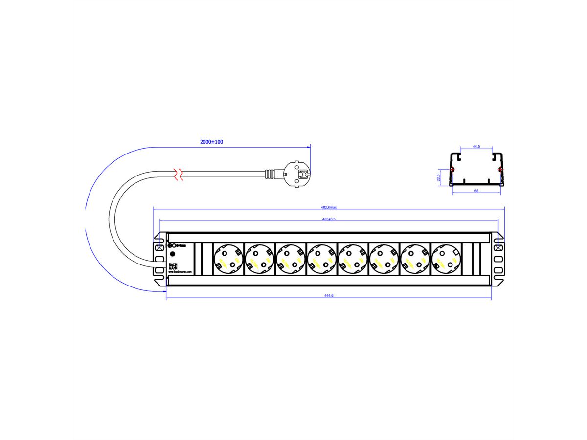 BACHMANN Multiprise 8x contact de protection, compatible rack 19 pouces, 2 m