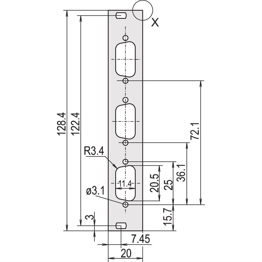 SCHROFF Face avant, plate, non blindée, découpe Sub-D, 3 U, 4 HP, 3 x 9 broches, 2,5 mm, alu, anodisé avant, conducteur arrière