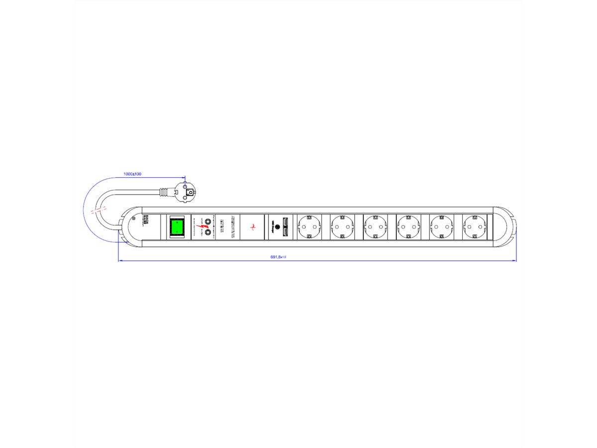 BACHMANN PRIMO Bâti de prises 6x contact de protection, 1,75 m