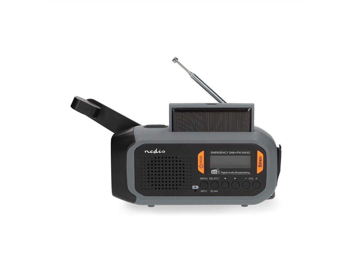 Nedis Notfallradio DAB FM mit Handkurbel Solarpanel und Powerbank, Tragbares Notfallradio fuer Notfaelle, Camping und Outdoor Anwendungen