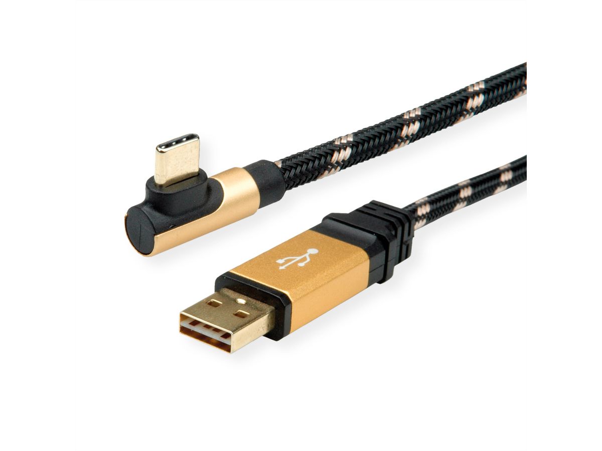 ROLINE GOLD Câble USB 2.0, USB A mâle reversible - USB C mâle, 90° coude, 3 m