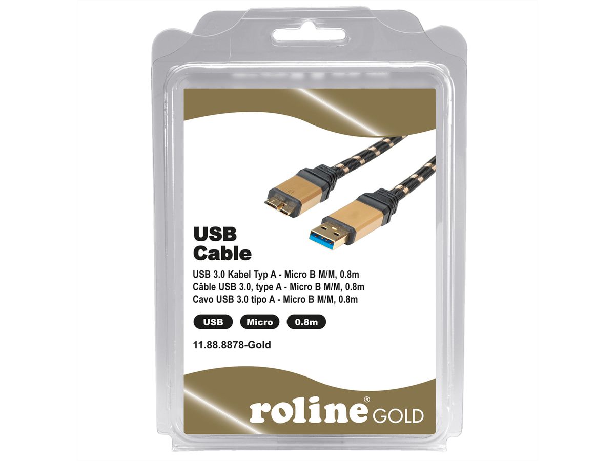 ROLINE GOLD Câble USB 3.2 Gen 1, type A-Micro B, M/M, Retail Blister, 0,8 m