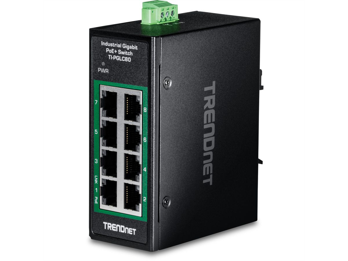 TRENDnet TI-PGLC80 8-Port Gigabit PoE+ Industrial DIN-Rail Mini Switch