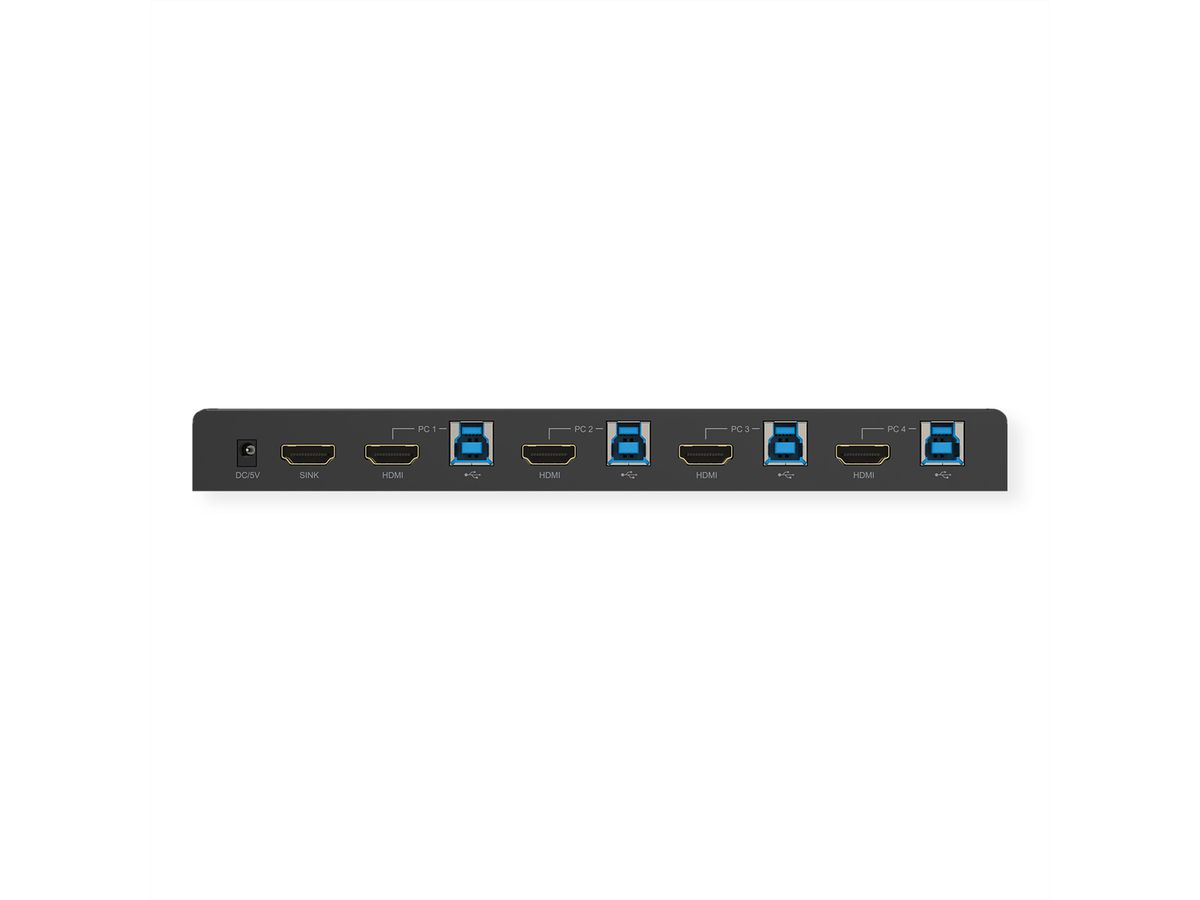 ROLINE KVM Switch, HDMI 4K, USB, 1 User - 4 PC, mit 3-Port USB-Hub