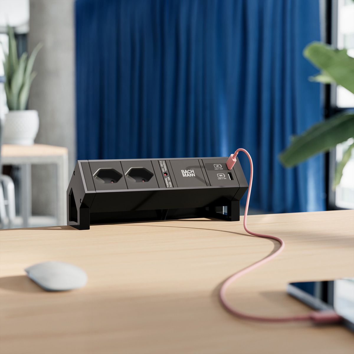 BACHMANN DESK2 2xCH 90° 1xUSB A/C 22W, 0,2m GST18 RAL9005 Schweiz
