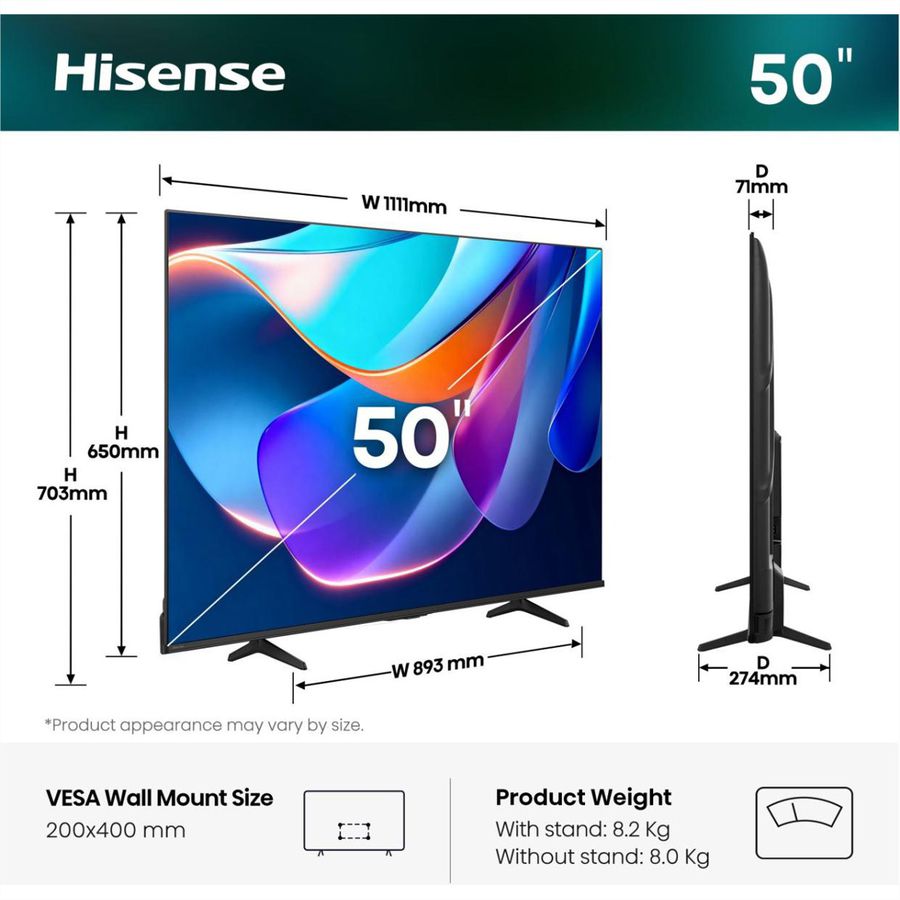 Hisense TV 50A6S 50", 4K, 60Hz, 300 Nits