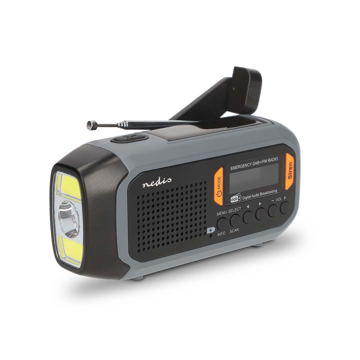 Radio d'urgence Nedis DAB FM avec manivelle, panneau solaire et batterie externe, Radio d'urgence portable pour les situations d'urgence, le camping et les activités de plein air