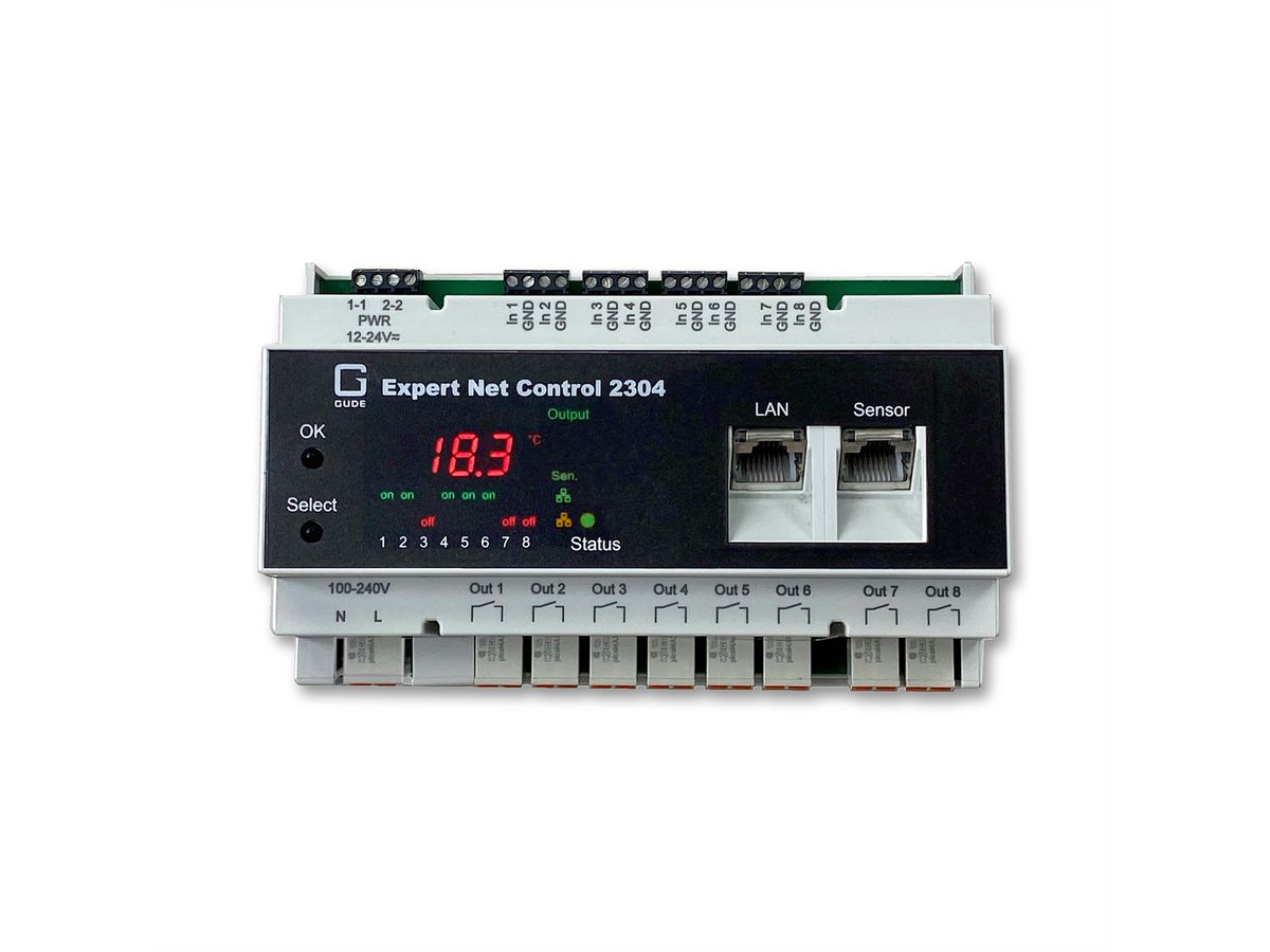 GUDE 2304-1 Remote I/O 8xIn 8xOut, 1 port capteur, rail DIN