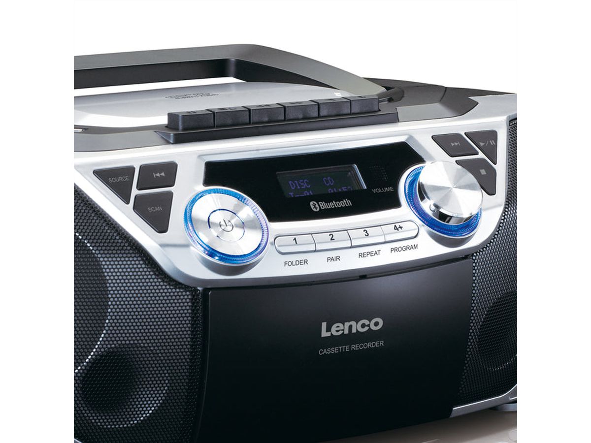 Lenco Boombox SCD-120SI noir, FM, CD, Kassette, USB,BT,RC