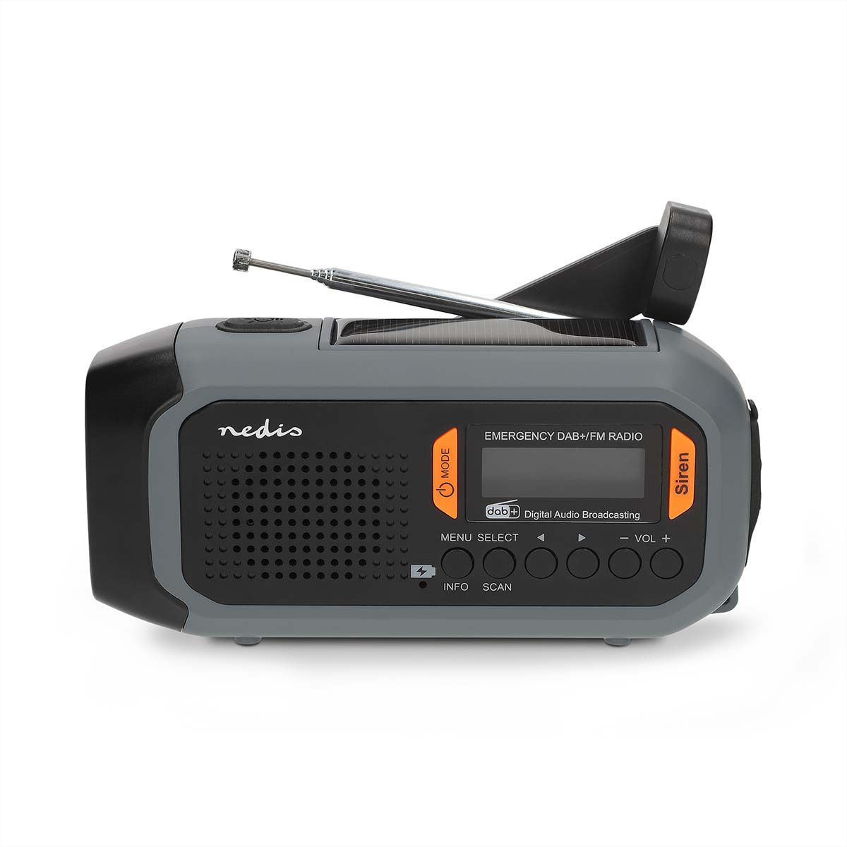Radio d'urgence Nedis DAB FM avec manivelle, panneau solaire et batterie externe, Radio d'urgence portable pour les situations d'urgence, le camping et les activités de plein air