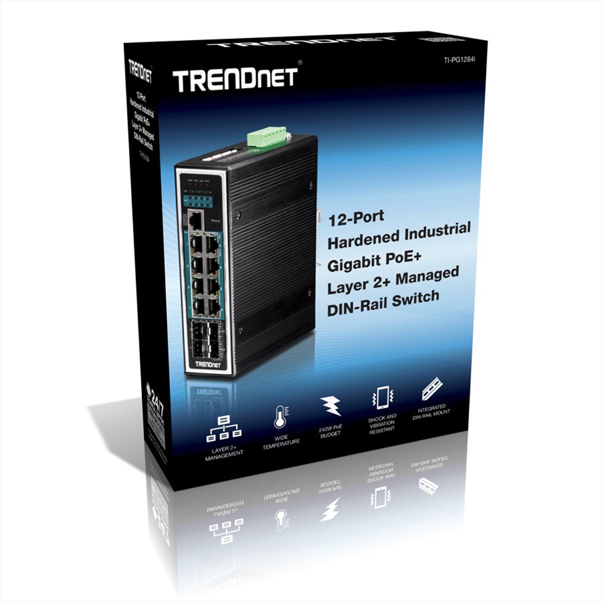 TRENDnet TI-PG1284i Switch Rail DIN géré PoE+ Gigabit industriel à 12 ports