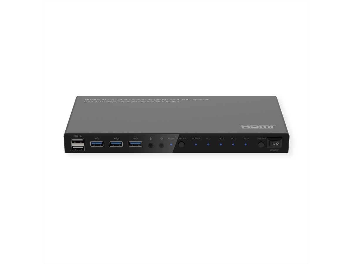 ROLINE KVM Switch, HDMI 4K, USB, 1 User - 4 PC, mit 3-Port USB-Hub
