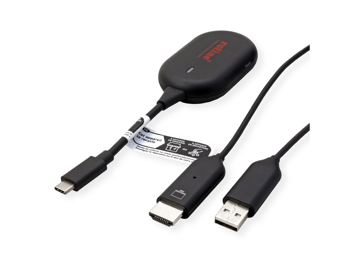 ROLINE Drahtloses P2P-Anzeige-Dongle-Set, Tx+Rx, Wireless USB-C zu HDMI, 1080p, 20 m