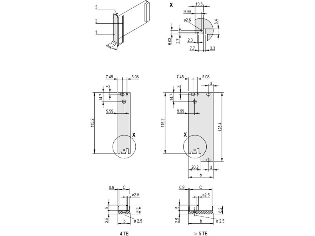SCHROFF Plug-In Unit U-Profile Face avant pour IEL, IET, Type 2, 3 U, 6 HP, Décalage 0,1", 2,5 mm, Al, Anodisé frontal, Conducteur arrière