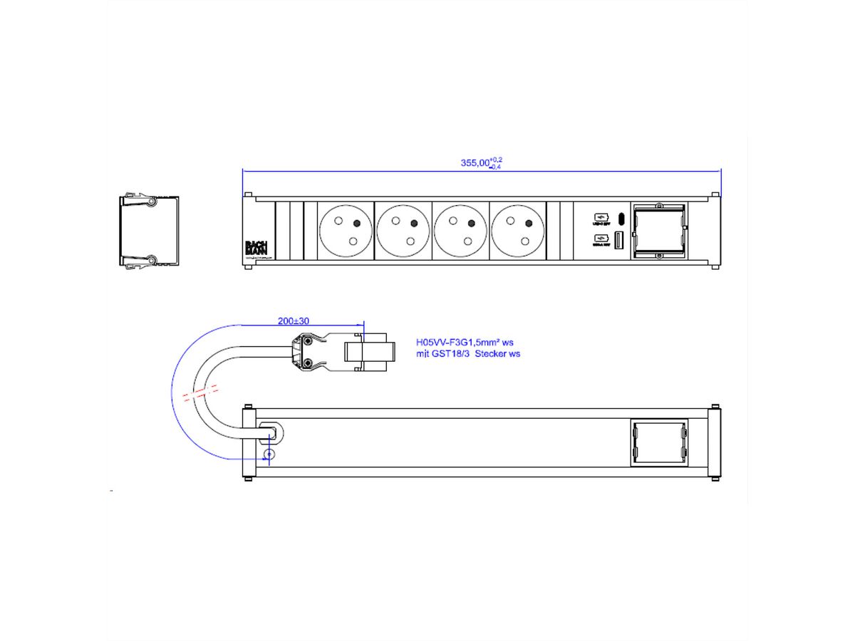 BACHMANN CONI 4xUTE 1xUSB A/C 22W 1xCM 0,2m GST18 RAL9010