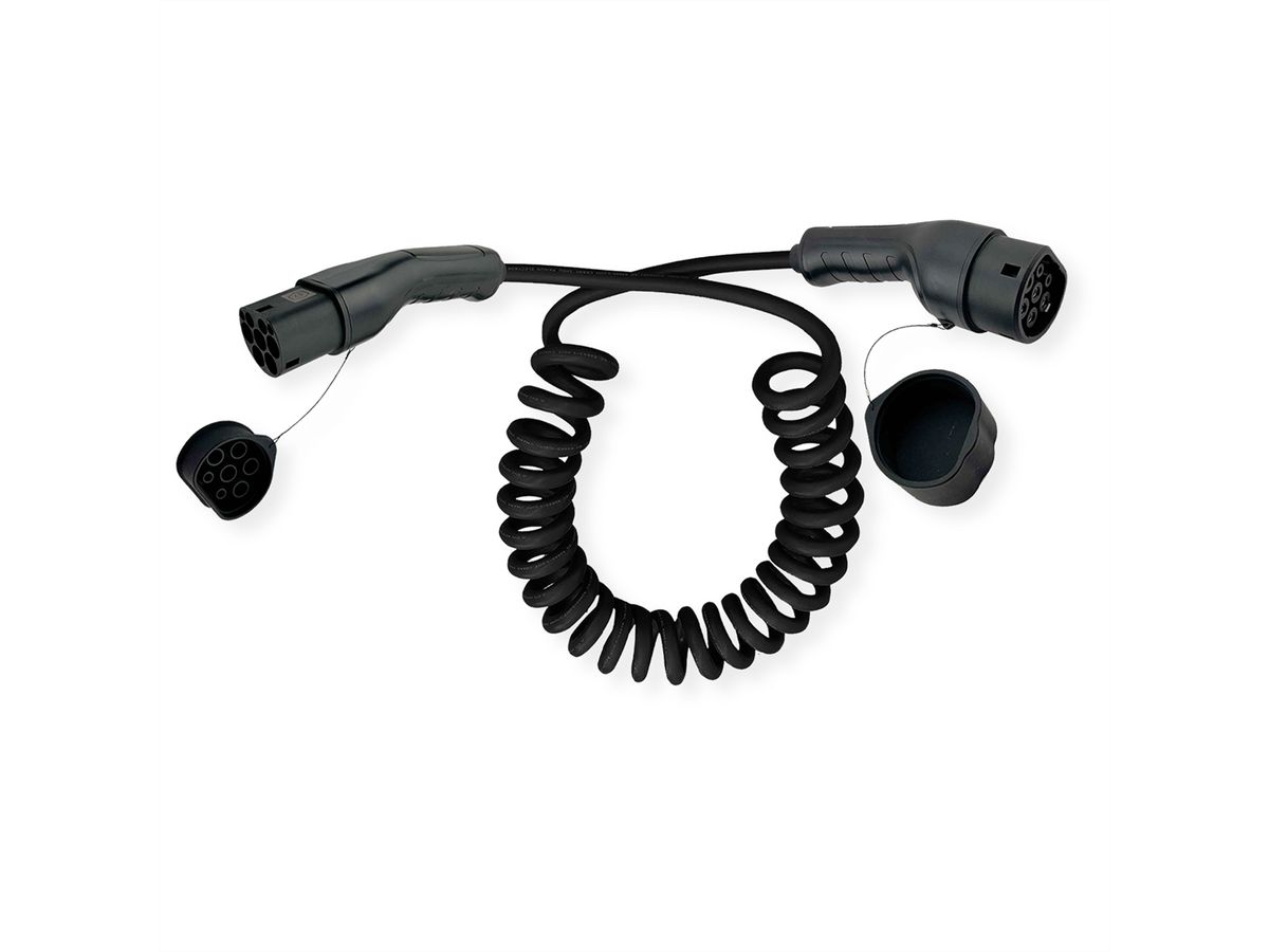 ROLINE E-Auto Ladekabel Typ2, 3-phasig, 480VAC (3P+N+E), 16 A, 11 kW, Spiralkabel (max. 3m)