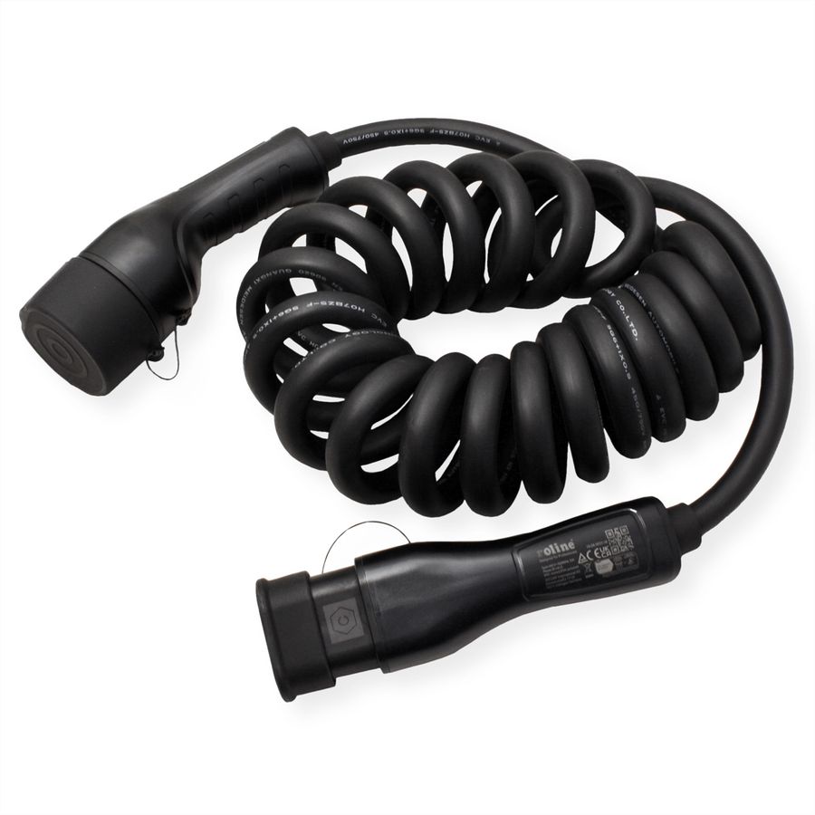 ROLINE E-Auto Spiral-Ladekabel Typ2, 3-phasig, 480VAC (3P+N+E), 16 A, 11 kW, max. 2m