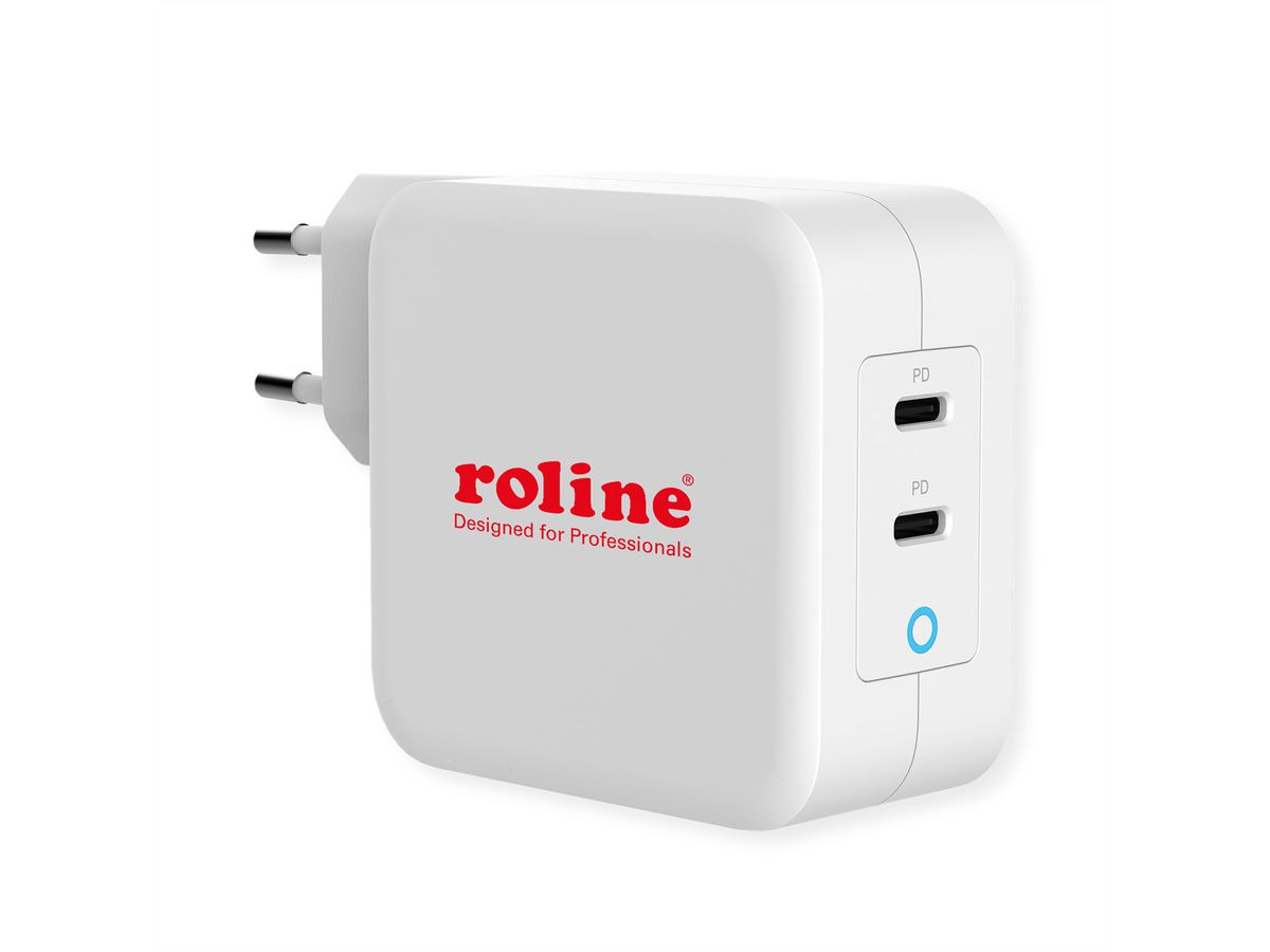 ROLINE USB Charger mit Euro-Stecker, 2 Port (2x Typ-C PD), GaN, 100W