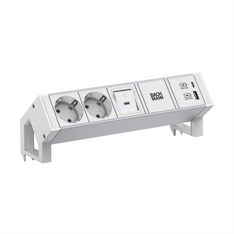 BACHMANN DESK2 ALU WHITE 2xCEE7/3 1xinterrupteur 1xUSB A/C 22W 0,2m