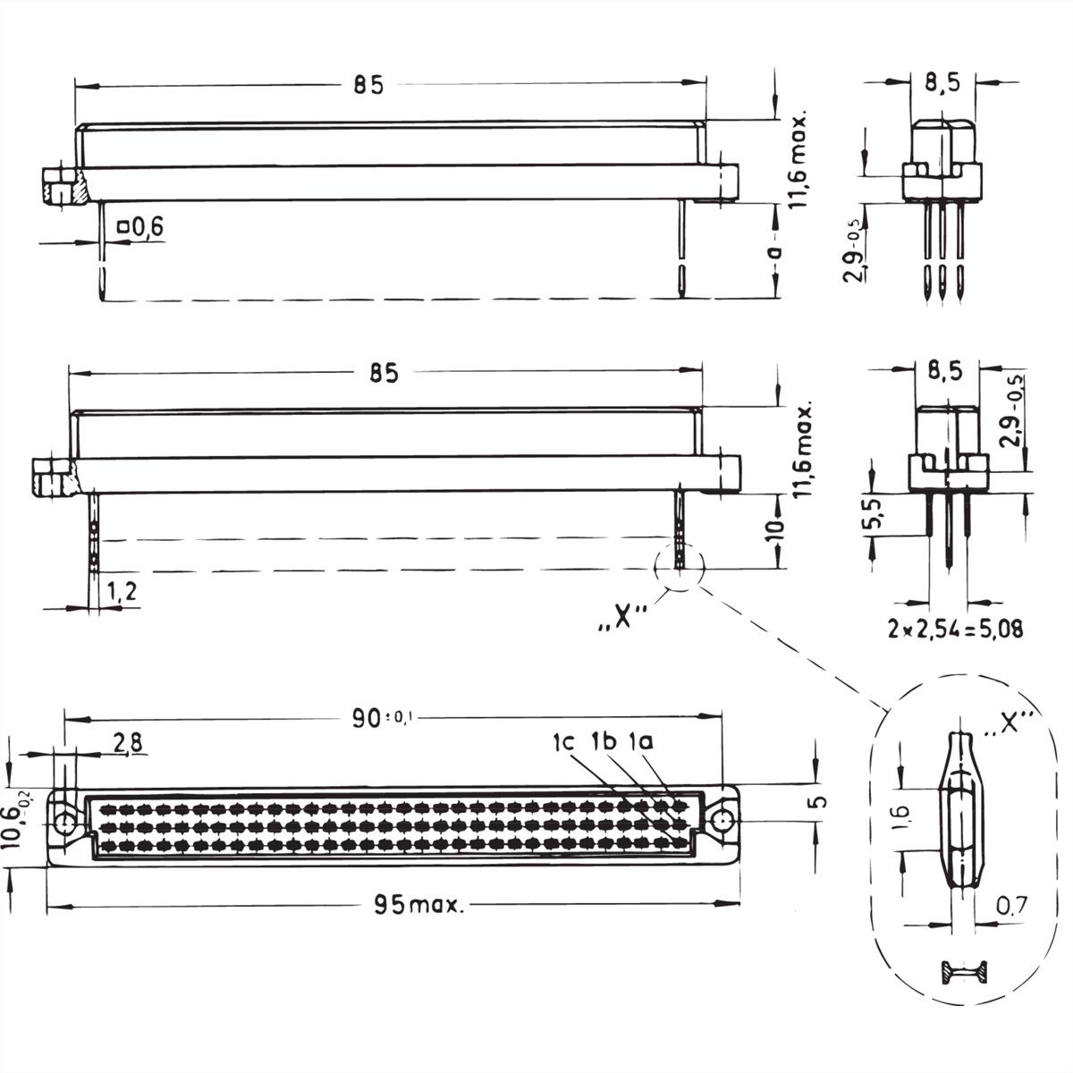 Connecteur SCHROFF de type C, EN 60603, DIN 41612, femelle, 96 contacts, wire-wrap, 13 mm