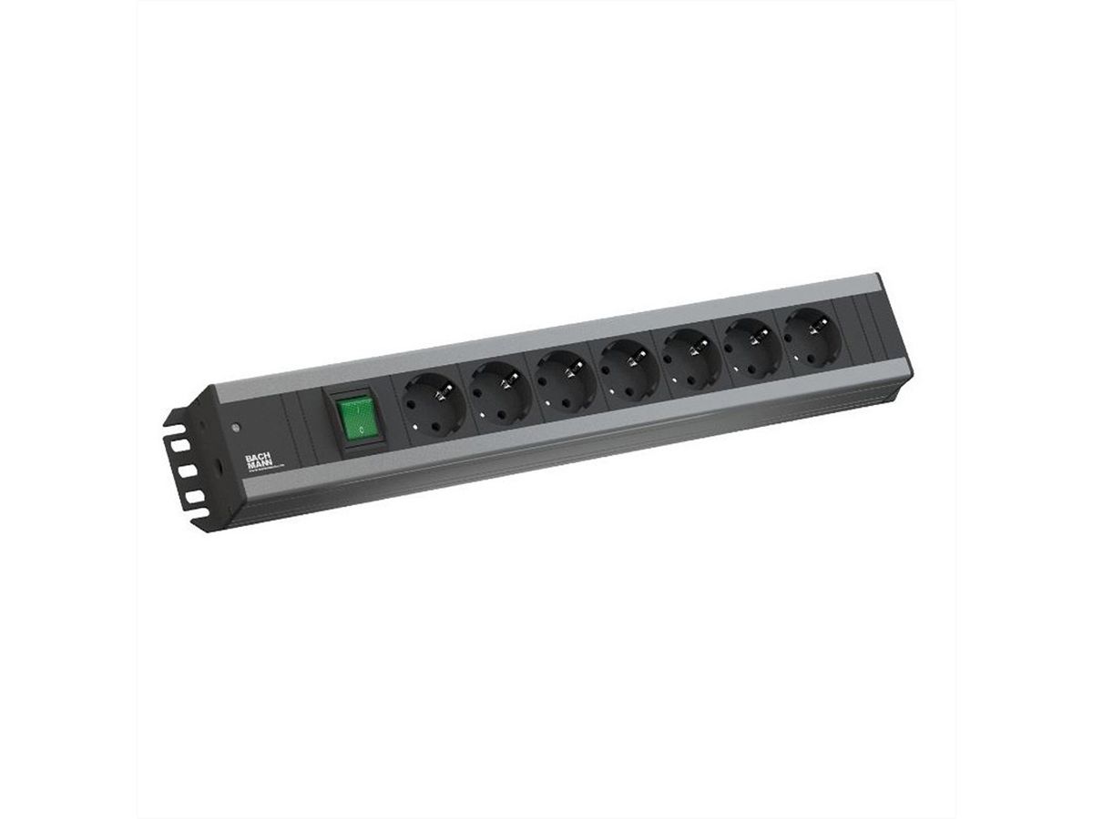 BACHMANN Multiprise 7x contact de protection, interrupteur, compatible rack 19 pouces, Fiche coudée, 2 m